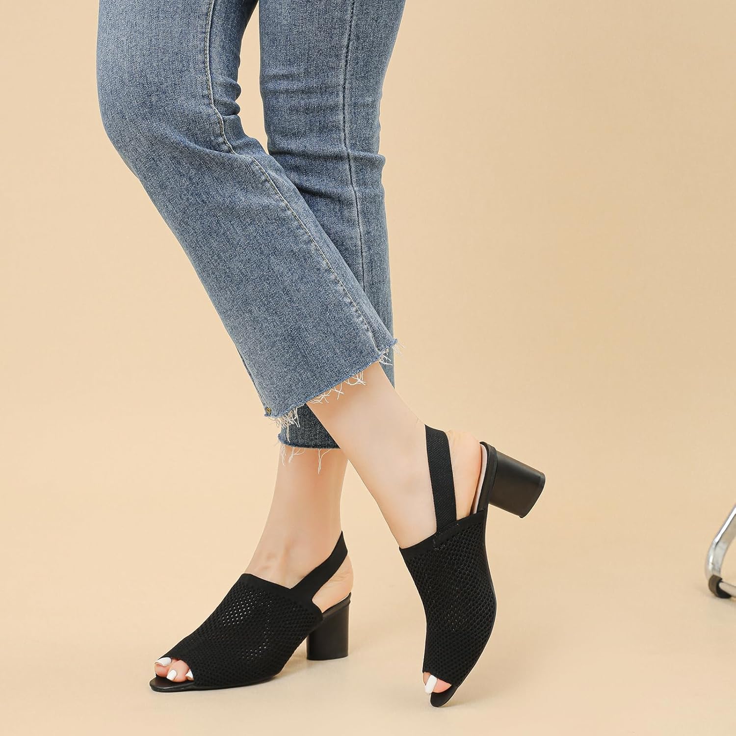 Women's Knit Peep Toe Slingback Chunky Heeled Sandals with Ankle Strap Fashion Open Pointed Toe Cut Out Slip On Backless High Heels Summer Casual Work Office Wedding Dressy Pumps - Image 5