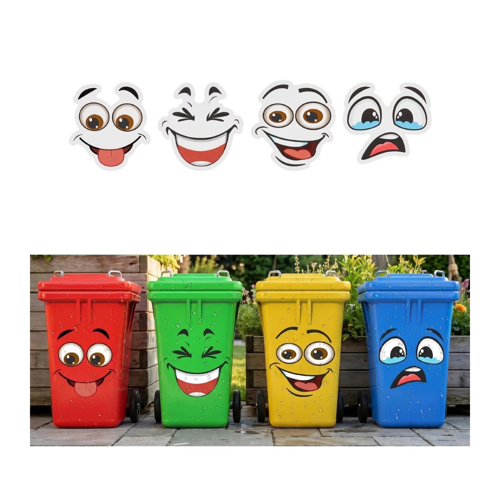 SINJAETRQ 4pcs Funny Face Wheelie Bin Stickers PVC 20cm 4 Expressions