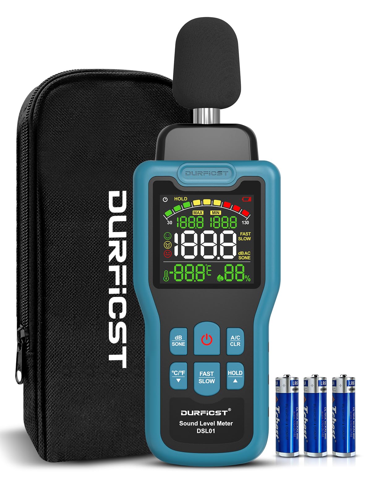 Sonometro, DURFICST Medidor de Decibelios con Temperatura y Humedad, Rango de 30-130 dB, Decibelimetro con Pantalla LCD a Color, Ponderación A/C, Unidad dB/SON, Respuesta RÁPIDA/LENTA, para Doméstico