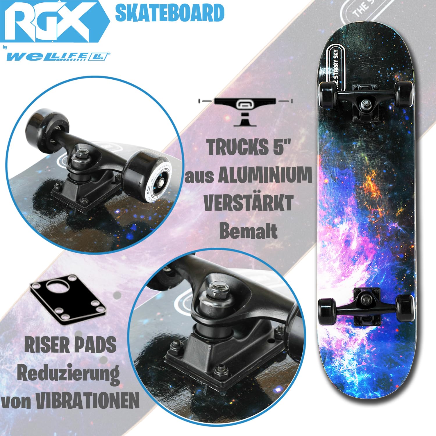 WeLLIFE Skateboard für Anfänger, 80x20cm Holz Skateboard Kinder, Jugendliche Erwachsene,ABEC-9 Kugellager, 9 Schichten Ahorn Double Kick Skate Concave Trick