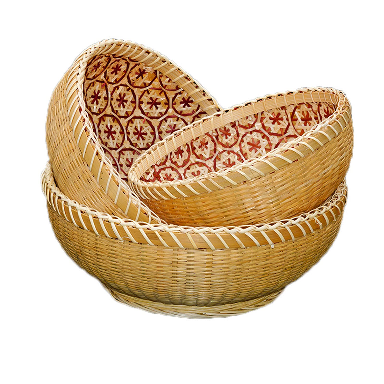 DAWN FLAME 3PCS Set of Round Natural Handmade Bamboo Woven Basket Bread Basket for Serving Fruit Basket Kitchen Storage Basket Handmade Basket Multi-purpose Storage Vegetable Basket Set (Round 3 Set)