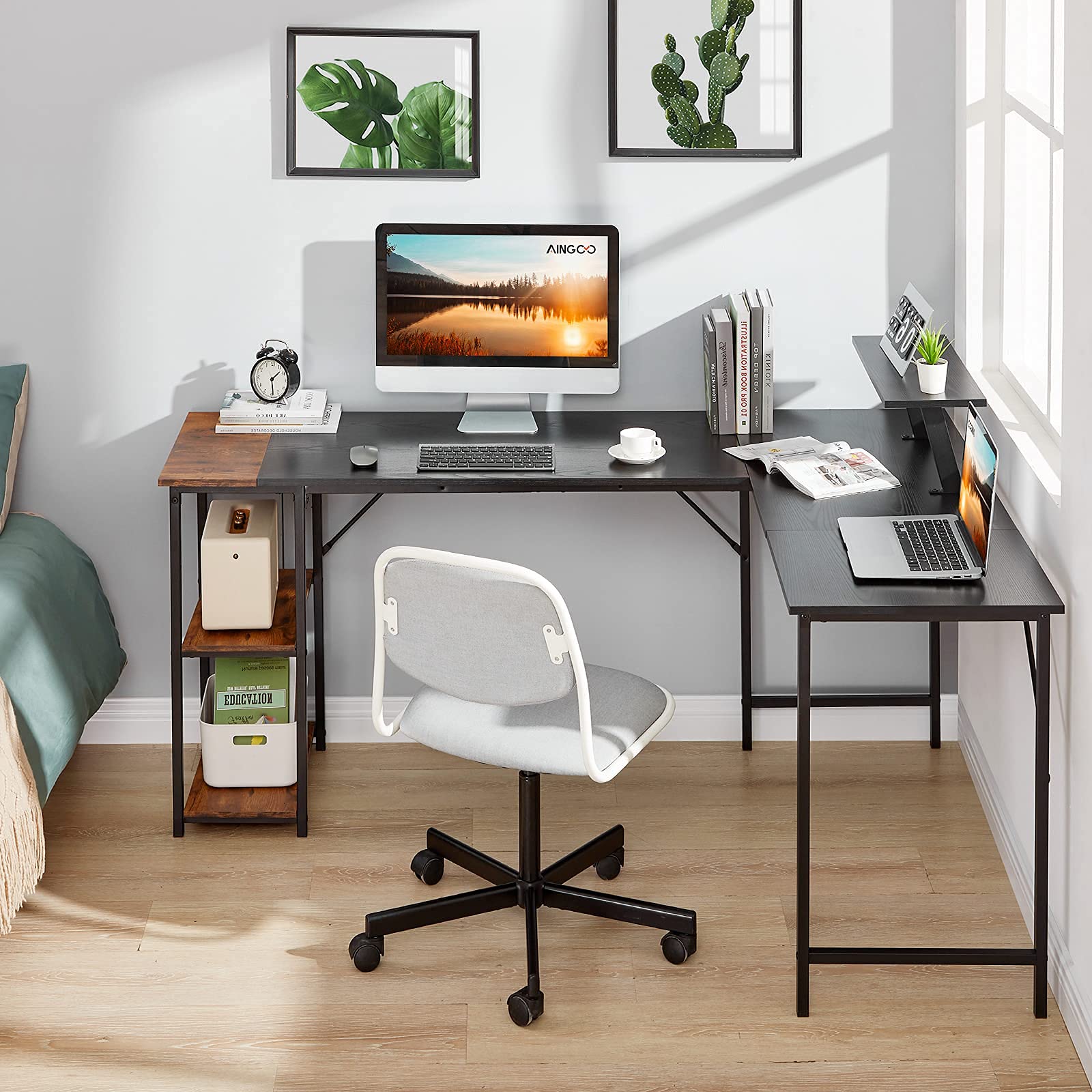 Aingoo Corner Desk with Shelves L Shaped Desk for Home Office, Corner