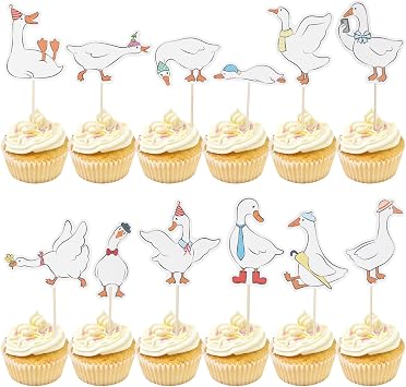 Tinoaly 24 Pcs Silly Goose Cupcake Toppers, Cute White Goose Birthday Cake Decorations for Kids Birthday Party Supplies Baby Shower Animal Theme Cake Decor