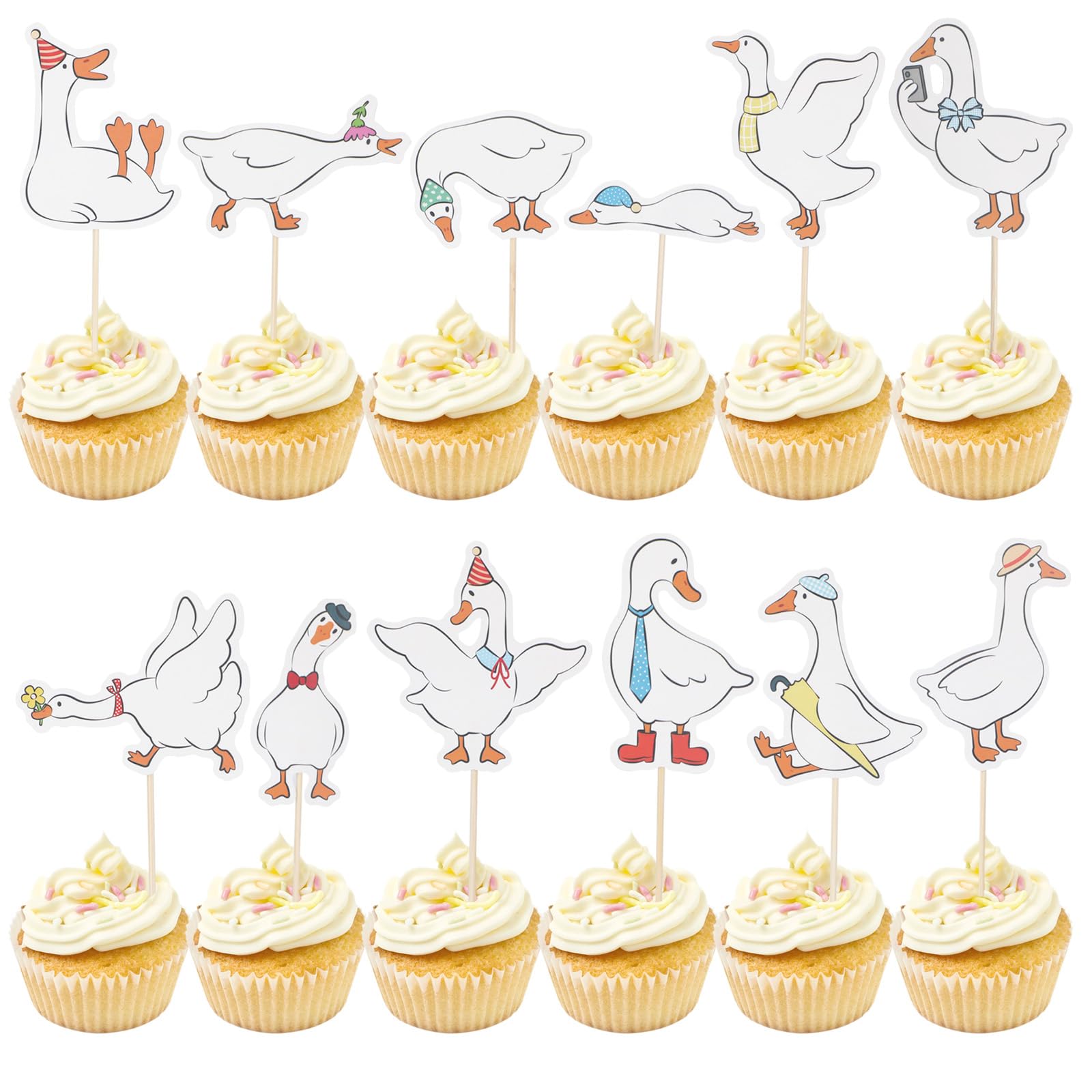 24 Pcs Silly Goose Cupcake Toppers, Cute White Goose Birthday Cake Decorations for Kids Birthday Party Supplies Baby Shower Animal Theme Cake Decor