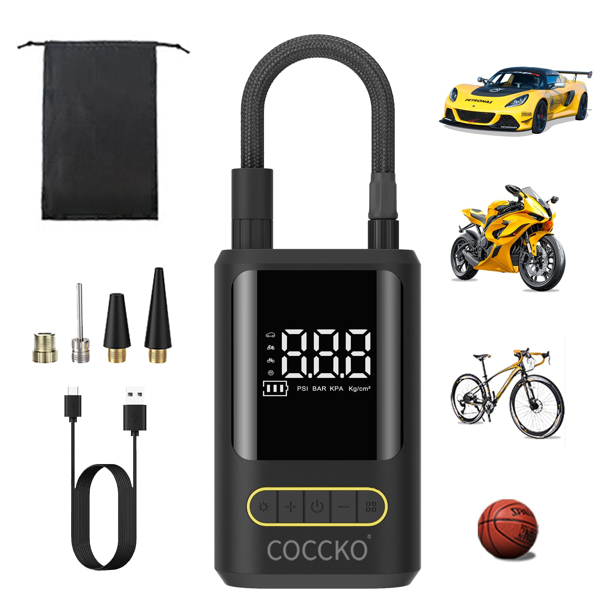 Compresor Aire Portátil,COCCKO 150 PSI Inflador Ruedas Coche,Batería Recargable 4000mAh 35L/Min,Inflador Digital con Luz LED y SOS, Hinchador Electrico USB Carga,para Auto, Moto, Bicicleta y Pelota