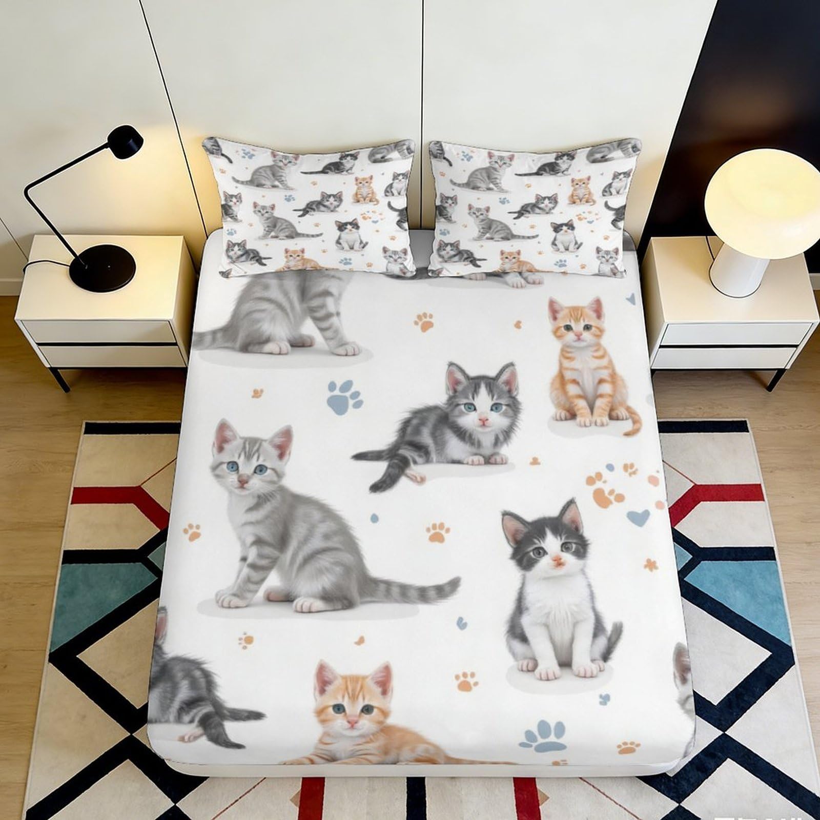 3D Printed Cute Cat Fitted Sheet Microfiber Soft Breathable Cartoon Kitten Mattress Cover for Bedroom Dorm Decor 90x200x25cm