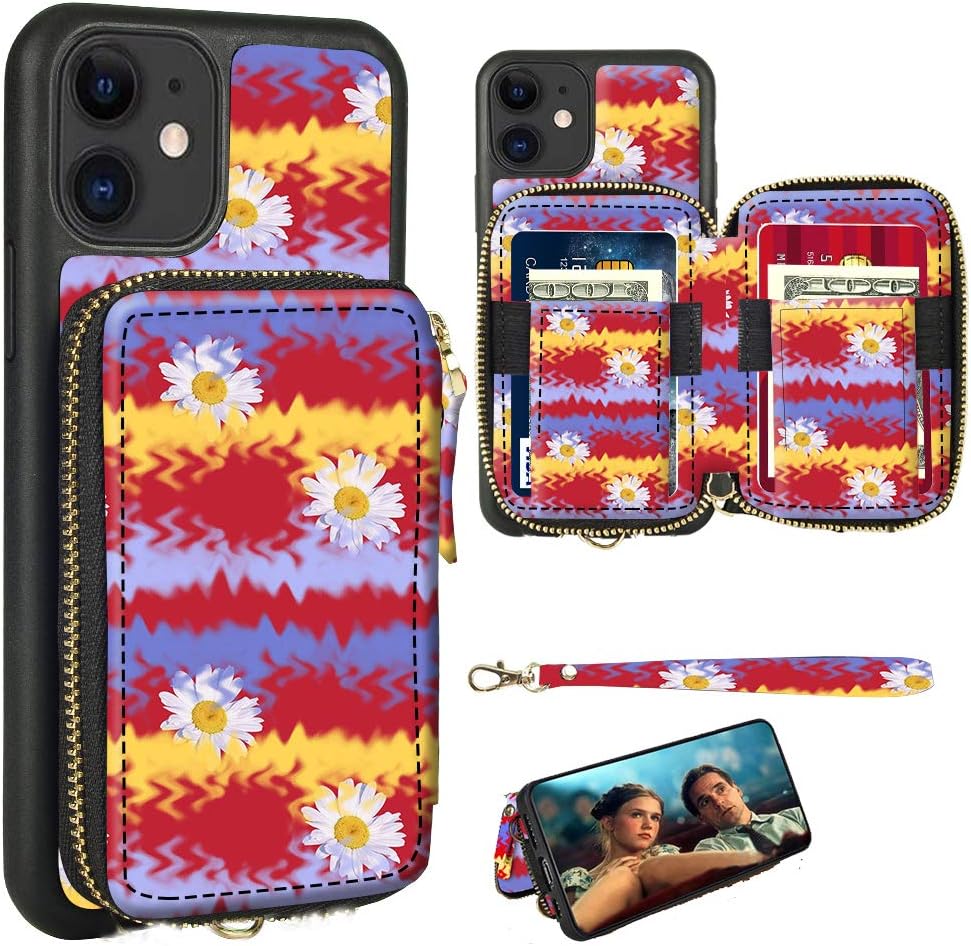 ZVE Floral Print iPhone 12 Wallet Case iPhone 12 Pro/12 Case with Zipper Card Slot Holder Wrist Strap Protective Leather Handbag Purse for 2020 iPhone 12 Pro/iPhone 12, 5G, 6.1" 2020 - Flower 05
