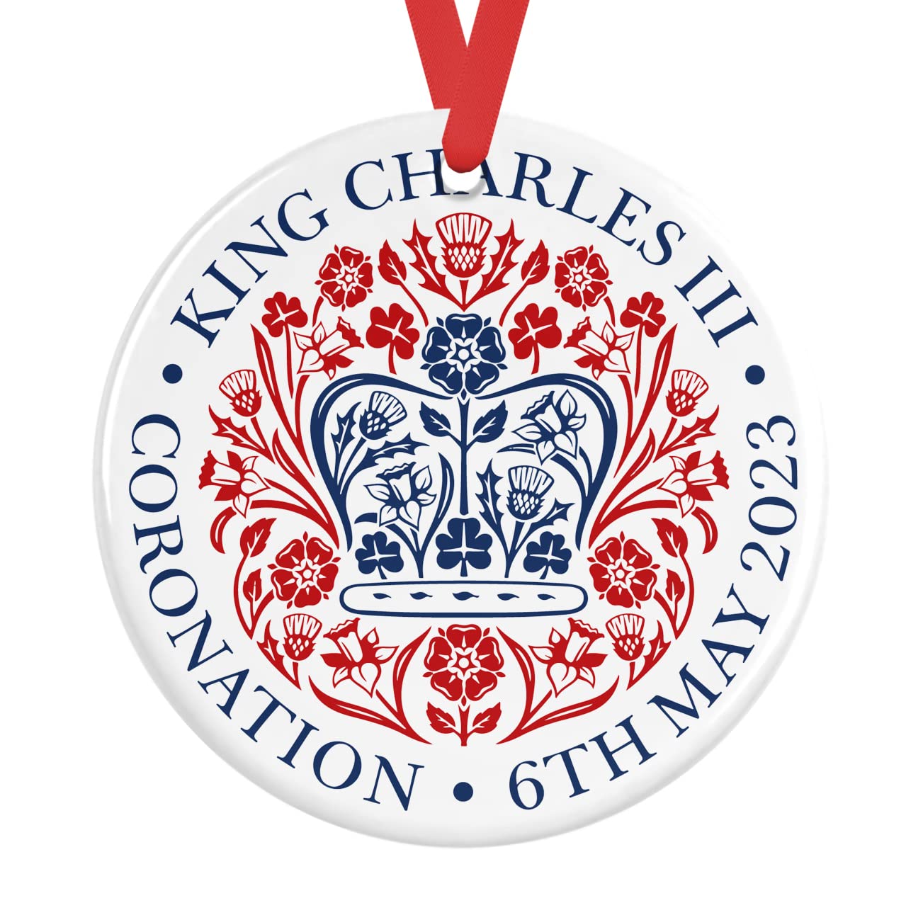 King Charles III Coronation Ornament Ceramic Commemorative Plaque | King Charles Official Emblem Coronation Decoration Keepsake Red Ribbon (Decoration)