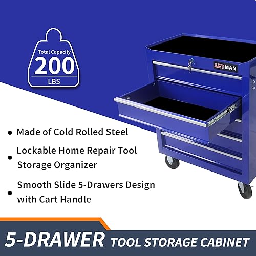 Miniatura 3 de Caja de herramientas con ruedas de 5 cajones, caja de herramientas con ruedas, armario organizador de herramientas con cerradura para garaje,