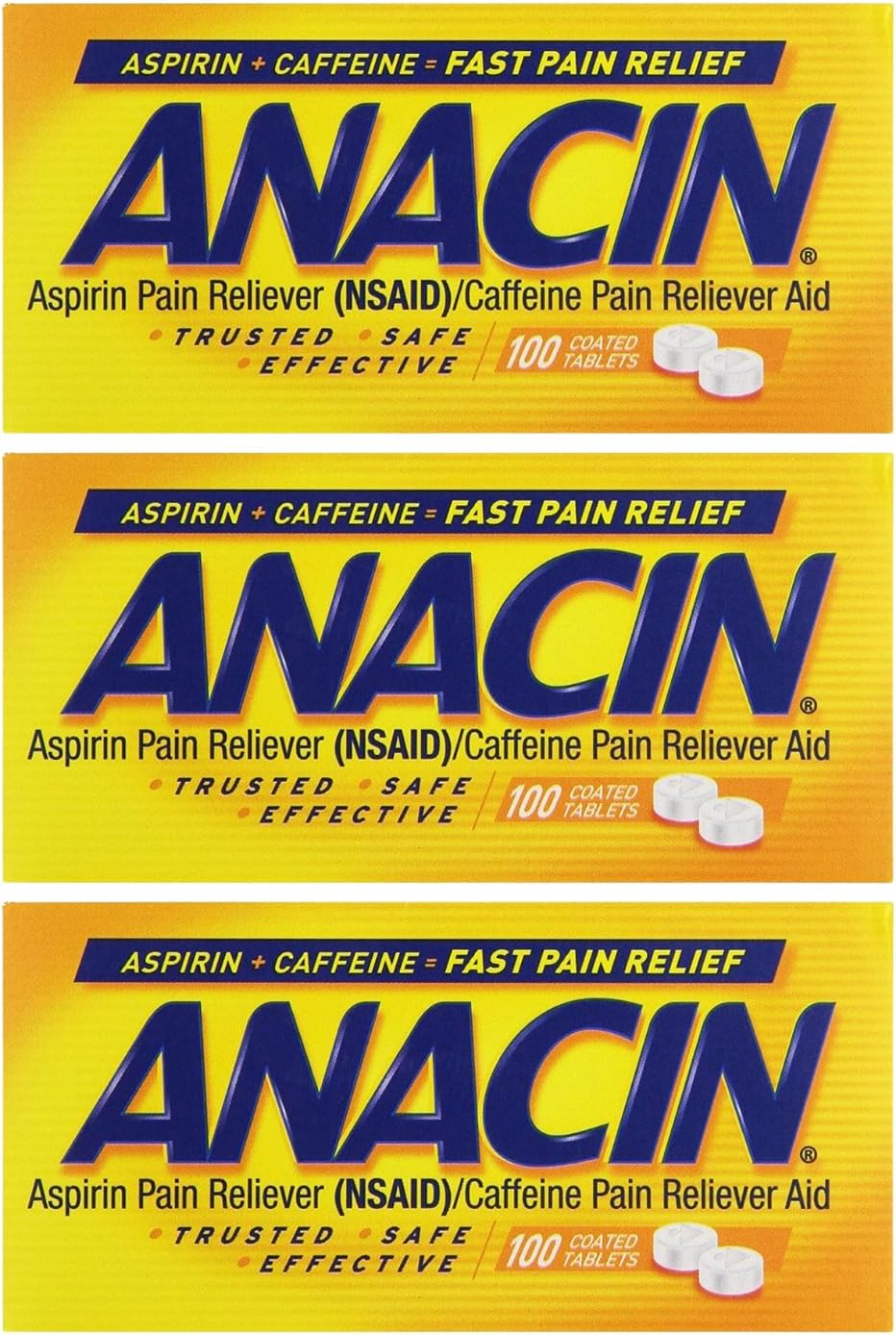 ANACIN Fast Pain Aspirin Tablets, 100 Tabs (Pack of 3)