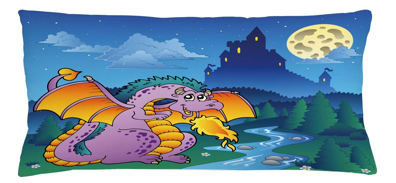 Lunarable Fantasy Throw Pillow Cushion Cover, Theme Cartoon with a Dragon at Fantasy Night Mysterious Castle, Decorative Rectangle Accent Pillow Case, 36