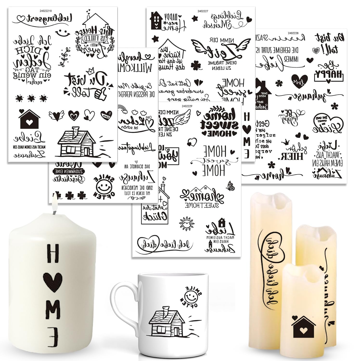 Premium 5 Candle Tattoo Set with Hydroslide Foil - Romantic Home Decoration, Easter & DIY Gift Pattern, Simple Decals (Black Type A)