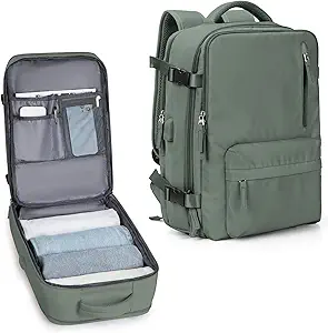 VECAVE Travel Backpack for Women,Airline Flight Approved Waterproof 14 Inch Laptop Backpack，Carry On Backpack with Shoe Compartment Casual Backpacks DarkGreen
