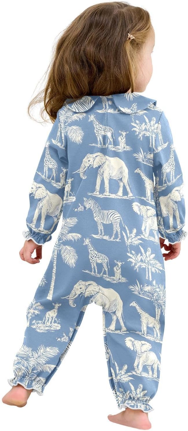 vvfelixl Baby Sleepers Retro Blue Elephant Long Sleeve Onesie Girl Baby Clothes for Girl Play One-piece for 0-3 months