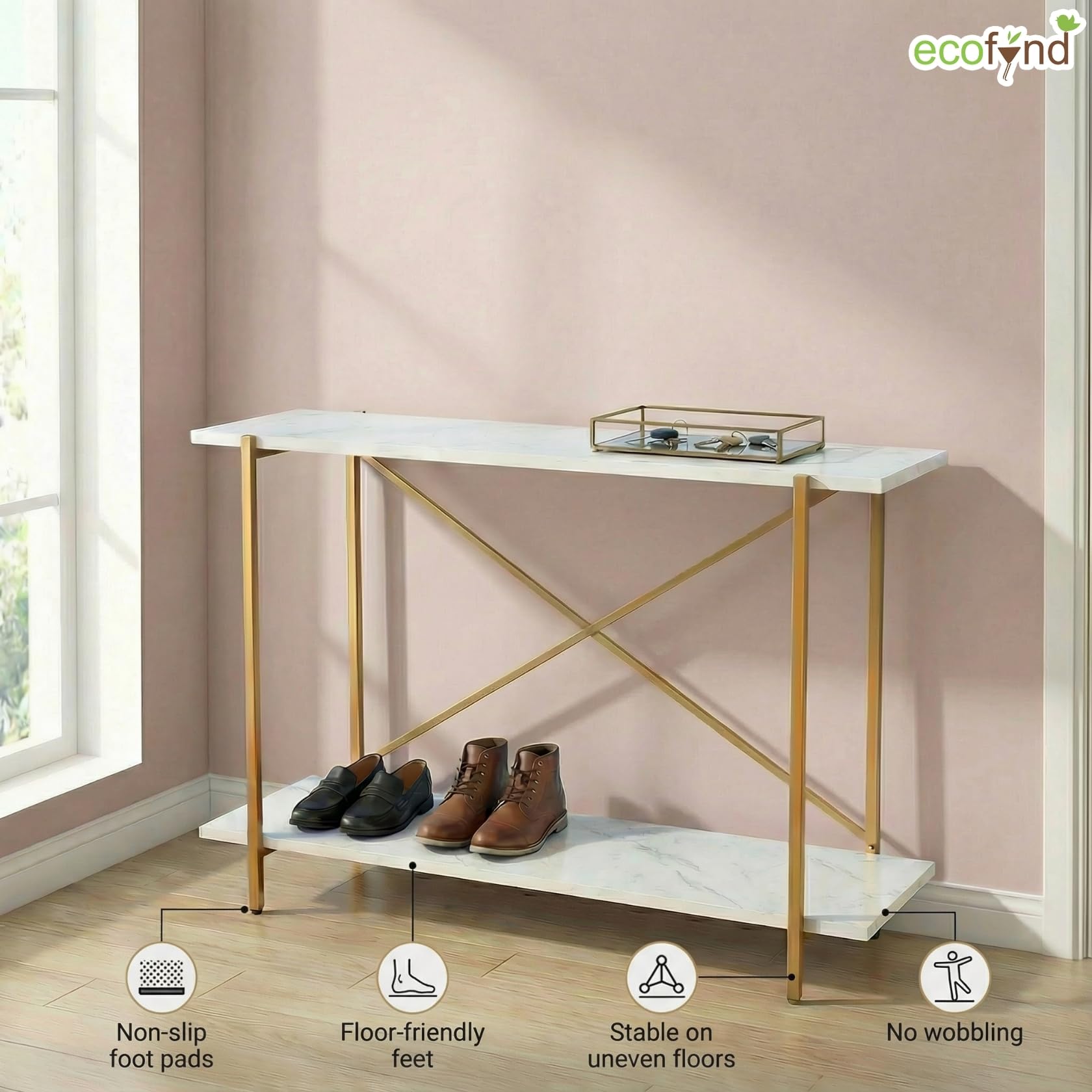 ecofynd Elix 2-Tier Storage Bench for Entryway, Stable Shoe Organizer Living Room, Entry Footwear Rack Holds Up to 70 Kg, Strong, Non-Slip Feet, X-Cross Brace at Back, 47"X 9"X 28" White & Gold 2