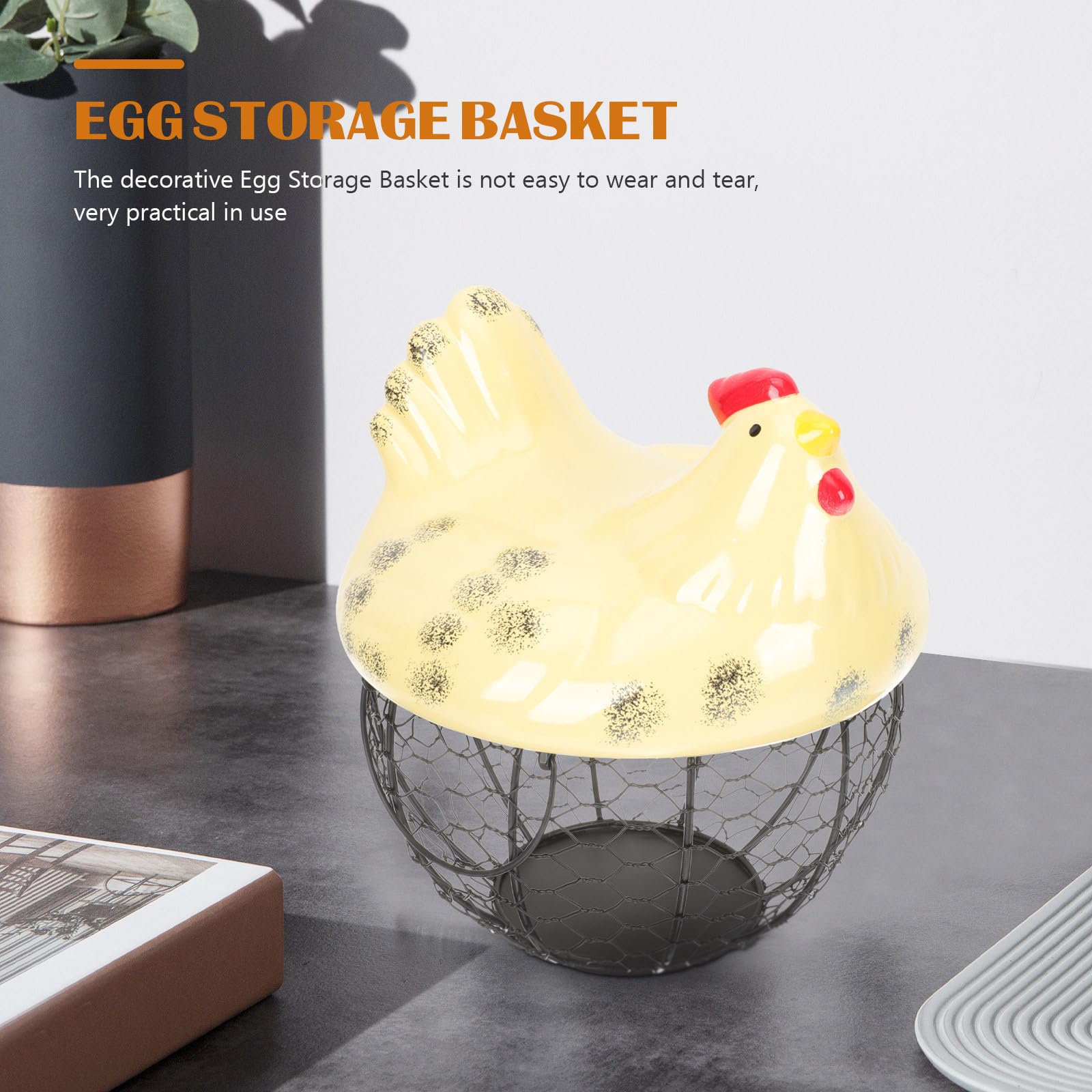 Cesta para Huevos Forma de Gallina de Cerámica y Alambre
