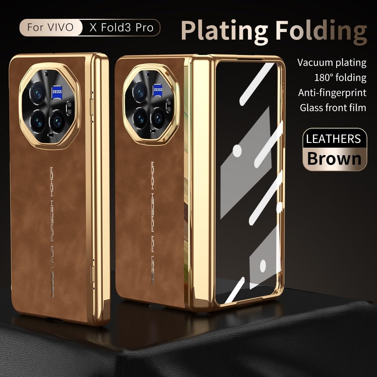 Compatible with Vivo X Fold 3 Pro Case with Protector Hinge and Built-in Glass Screen Luxury Plating Protection Case PC Hard Shookproof Protector Case Leather Case X Fold 3 Pro(Brown)