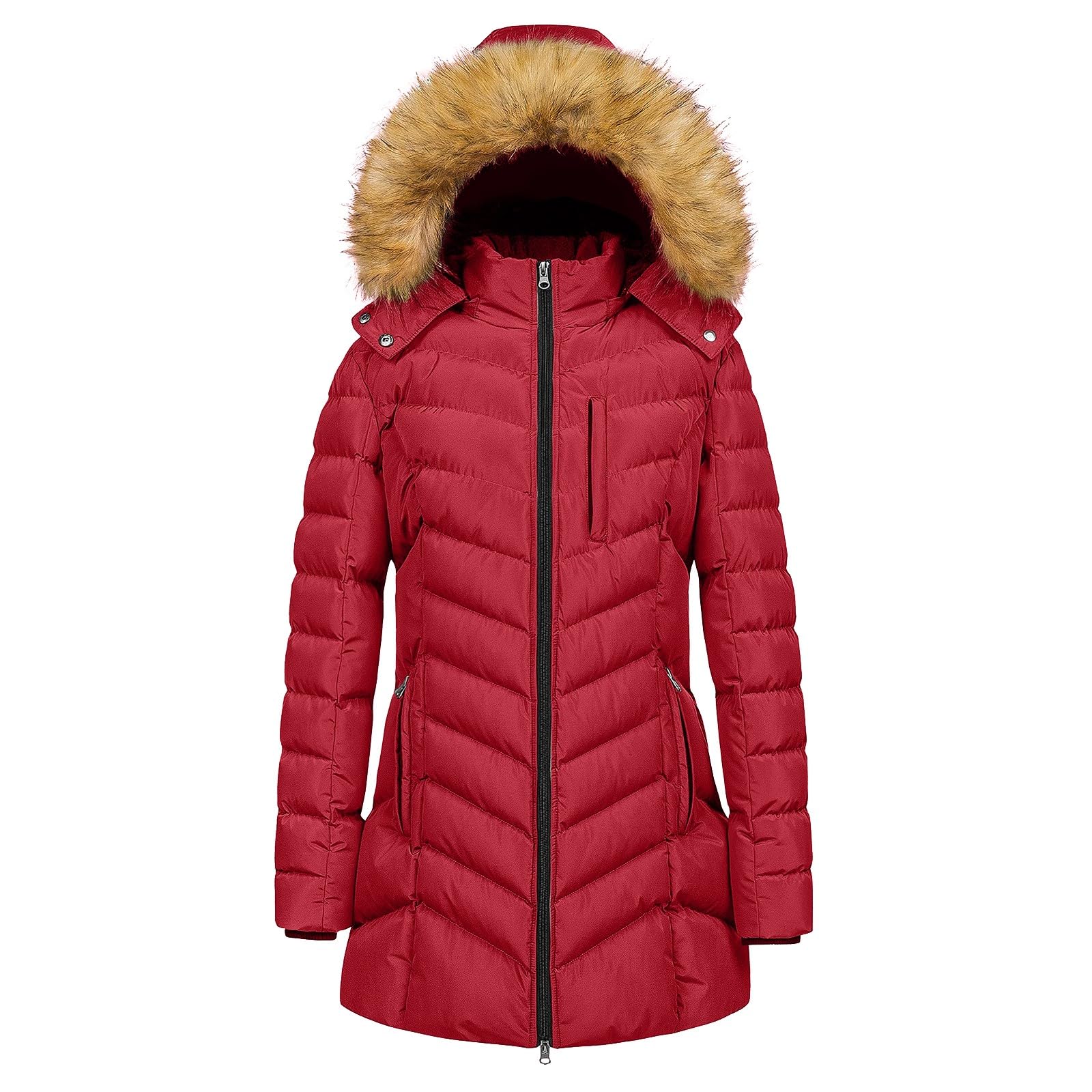 BUKKNYE Womens Winter Coats Women Parka Coat Winter Warm Jacket Fleece Lined Thick Coat with Removable Faux Fur Hood Windproof Outerwear Wine
