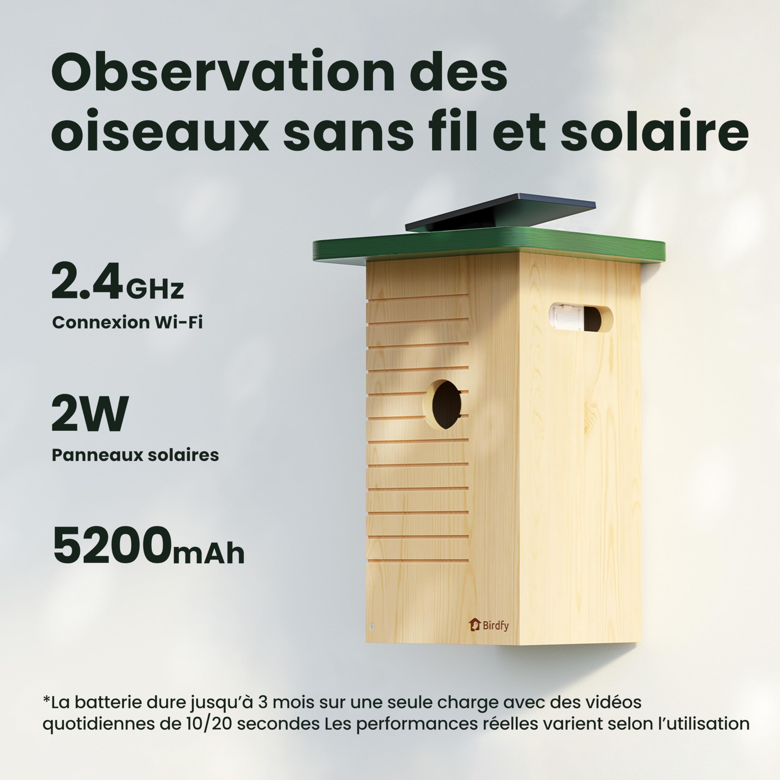 Birdfy Nichoir Oiseaux Exterieur, Camera Nichoir avec Panneau Solaire, 1080P HD Vidéo en Direct & Vision Nocturne pour Nidification 24/7, Détection Auto, Notification & Identification IA