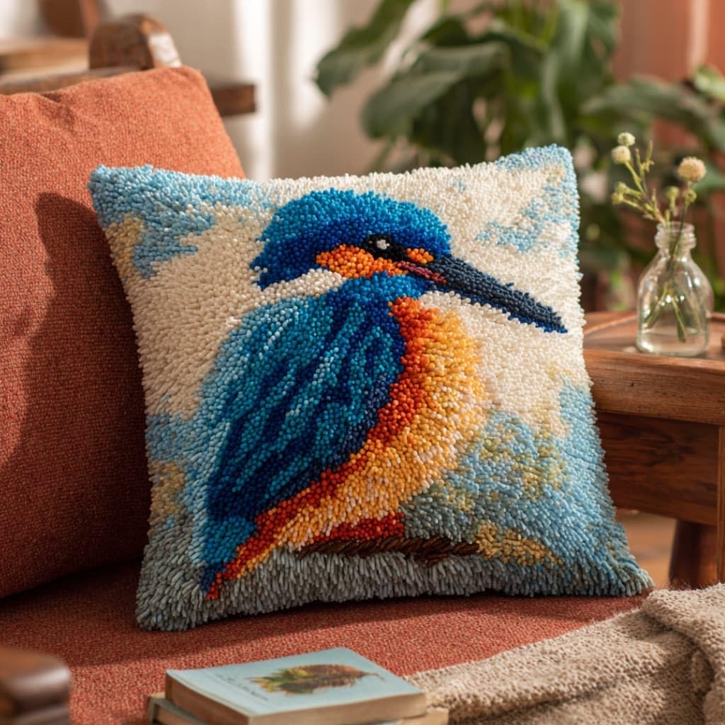 WallustrioaW DIY Latch Hook Pillow Kit,Bird Pillowcase Kits Embroidery Kits 17X17 Inch DIY Needlework Pillow Cover Sofa Cushion Rug Making
