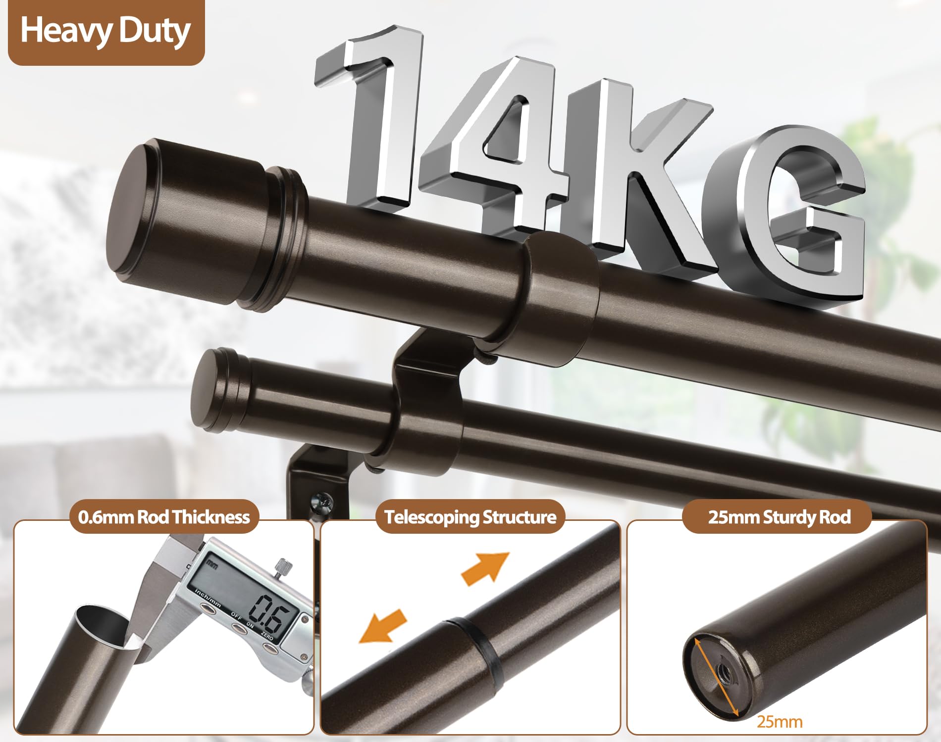 HOTOZON Bronze Bastone da Tenda Doppio 90-182 cm, 25 mm Estensibile Bastone Tenda Doppio Montado en la 9ared con Remates de Tapa Para Ventanas