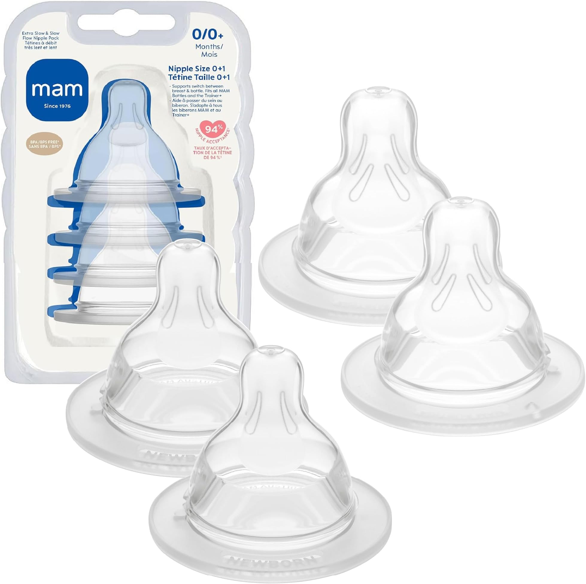 Baby Bottle Anti-Colic Nipple Mixed Flow Pack, Extra Slow Size 0 & Slow Flow Size 1 for Newborns 0+, Skin Soft BPA Free Silicone, 94% Nipple Acceptance, Fits All MAM Bottles, 4 Pack