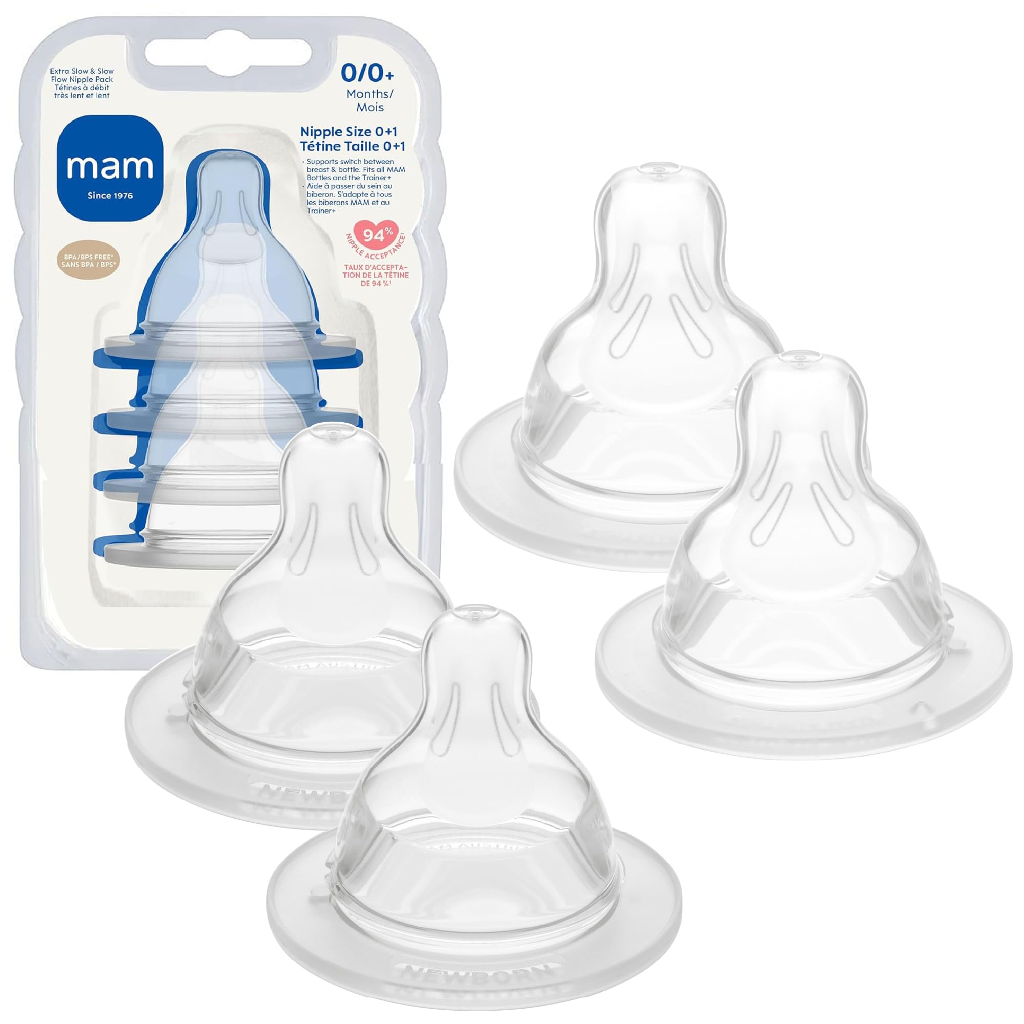 Baby Bottle Nipple Mixed Flow Pack, Extra Slow Size 0 and Slow Flow Size 1 for Newborns 0+ Months, Skin Soft BPA Free Silicone, 94% Nipple Acceptance, Fits All MAM Bottles, 4 Pack, Made in Europe