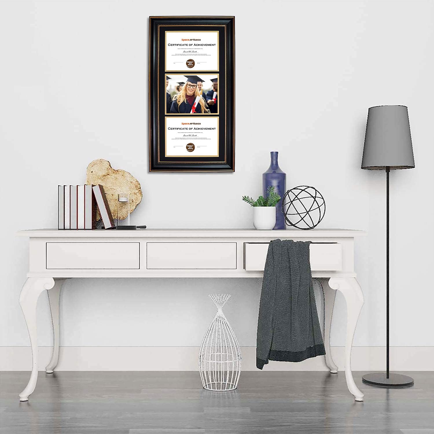 Space Art Deco, 14x29 Triple/Three Certificates Frame with Black Over Gold Double Mat for (3) 8.5x11 Diplomas/Degrees, Sawtooth Hangers Real Glass Wall Mounting (Ornate Gold/Black)
