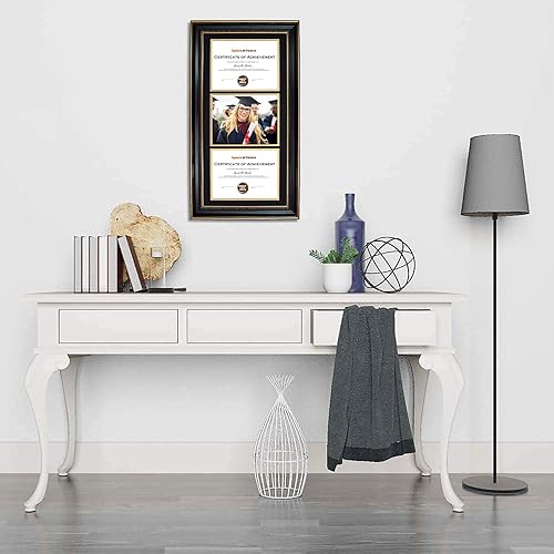 Miniatura 4 de Space Art Deco, 14x29 Triple/Three Certificates Frame with Black Over Gold Double Mat for (3) 8.5x11 Diplomas/Degrees, Sawtooth Hangers Real Glass