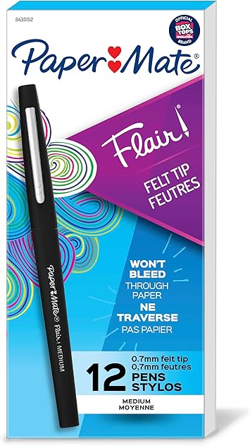 Paper Mate Flair Felt Tip Pens, Medium Point (0.7mm), Black, 12 Count - Teacher Supplies, Journaling, Note-Taking, Writing