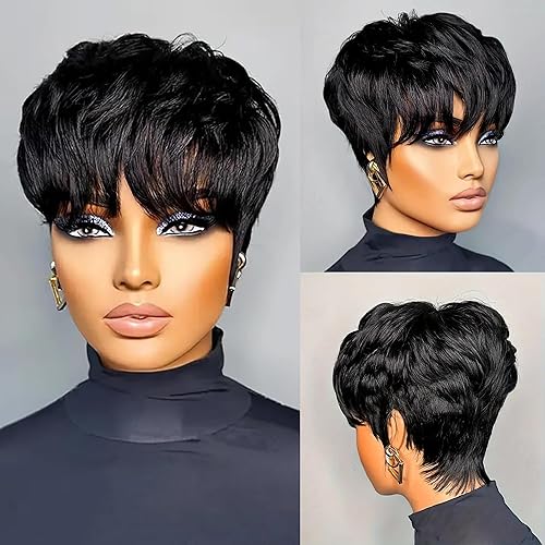 Miniatura 7 de Pelucas de cabello humano con corte Pixie para mujeres negras, pelucas de cabello humano virgen brasileño, peluca corta de cabello humano negro para