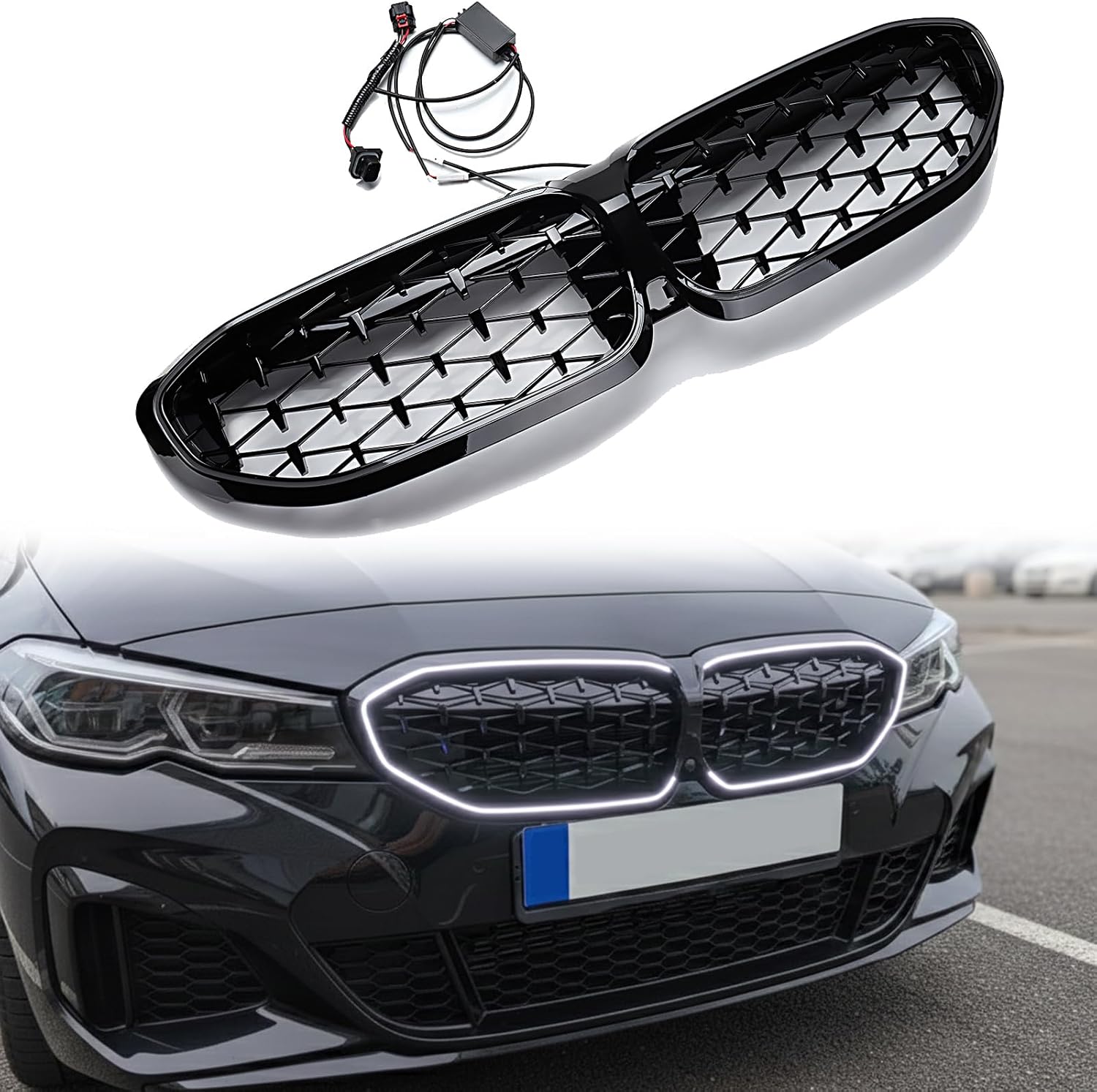 Glossy Black LED Front Kidney Grille Replacement for 2019–2022 BMW G20 G21 320i 330i 330e M340i, Diamond Star Style Fron 9