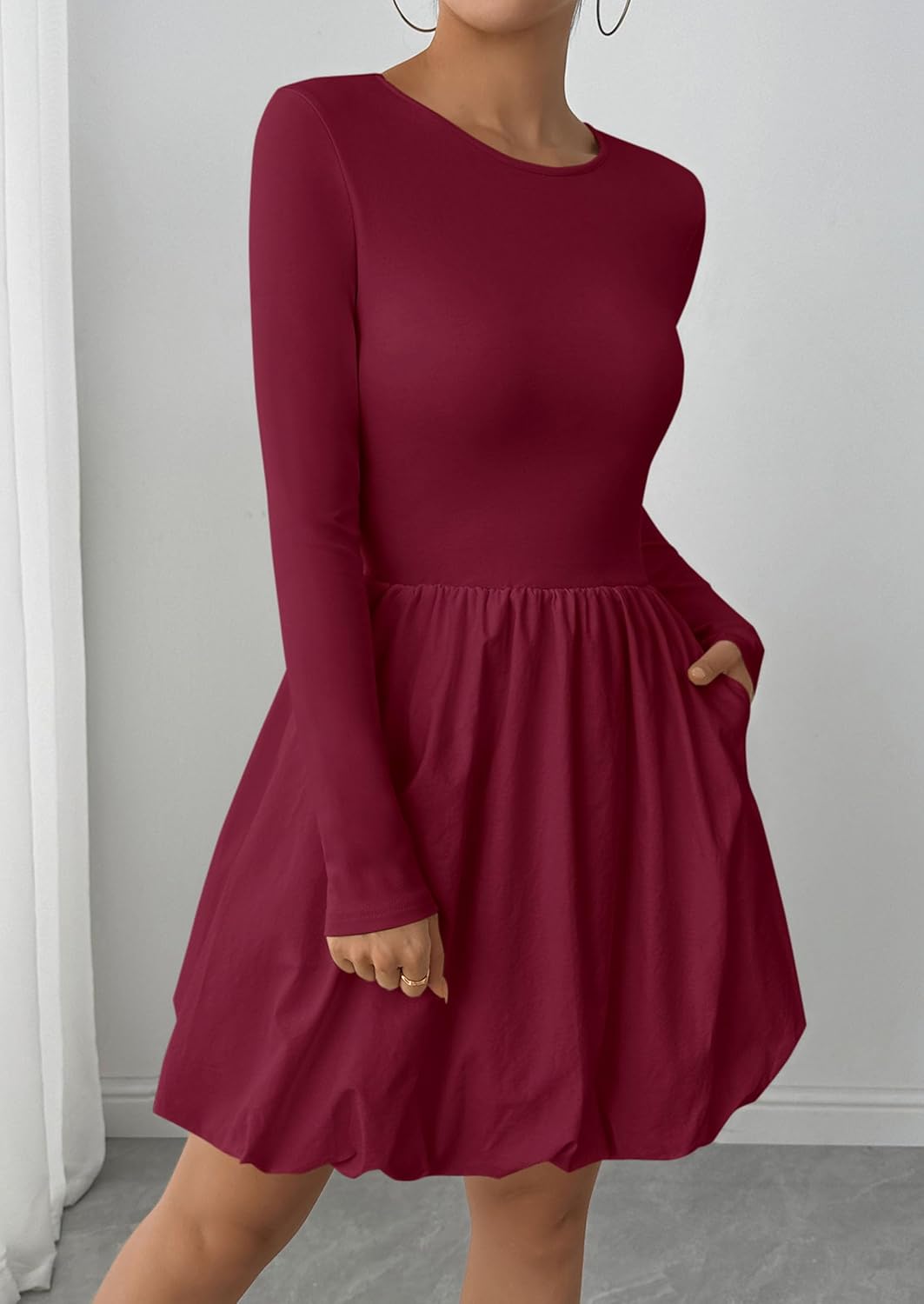 PRETTYGARDEN Fall Dresses for Women 2026 Casual Long Sleeve Bubble Cute Crew Neck A Line Mini Short Dress with Pockets - Image 7