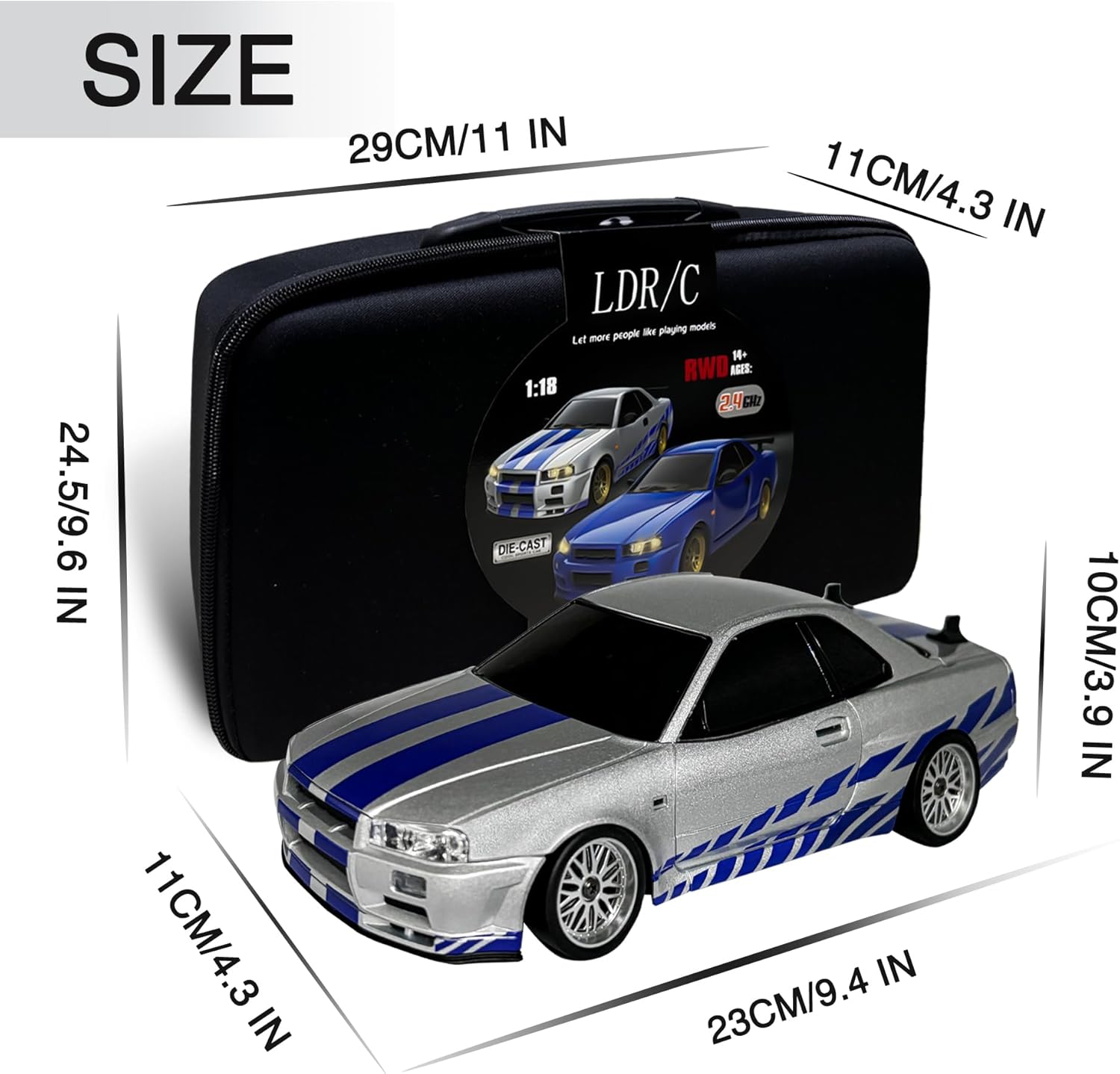 LD1899 1/18 GTR R34 RC Drift Car (Silver), 3 Upgraded 1200mAh Batteries, 2.4GHz 150 Brushed Motor, Full Proportional with Gyroscope, Alloy Body Shell for 15+