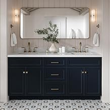 DKB Bradford 72 Inch Bathroom Vanity Double Sink Midnight Blue Bathroom Vanity with Sink, 1.5" Edge Italian Carrara Marble Countertop & Backsplash, 4 Soft-Close Doors, and 3 Dovetail Drawers