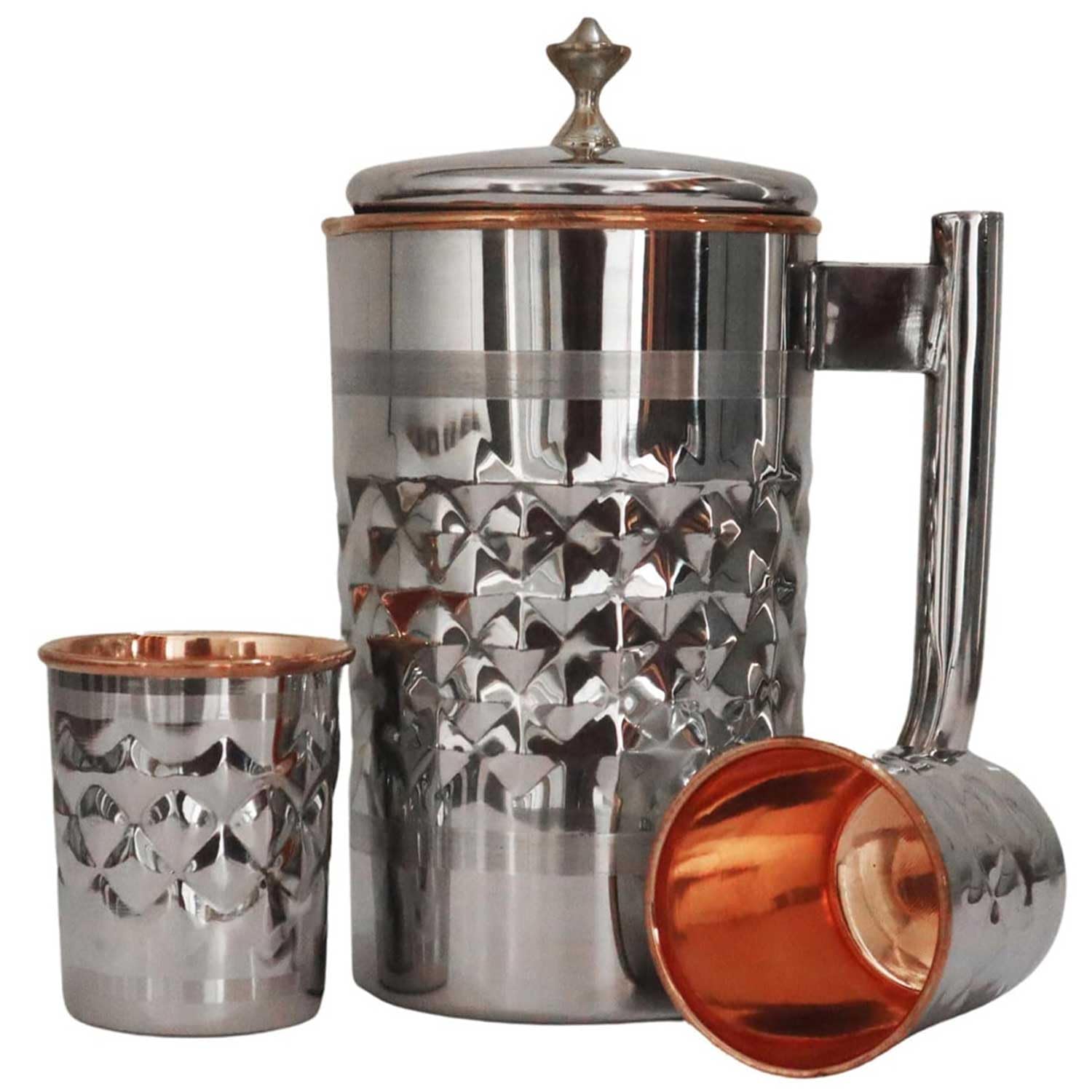 Pichet à eau en acier inoxydable et cuivre pur avec 2 gobelets assortis pour les bienfaits de la santé ayurveda (motif diamant)