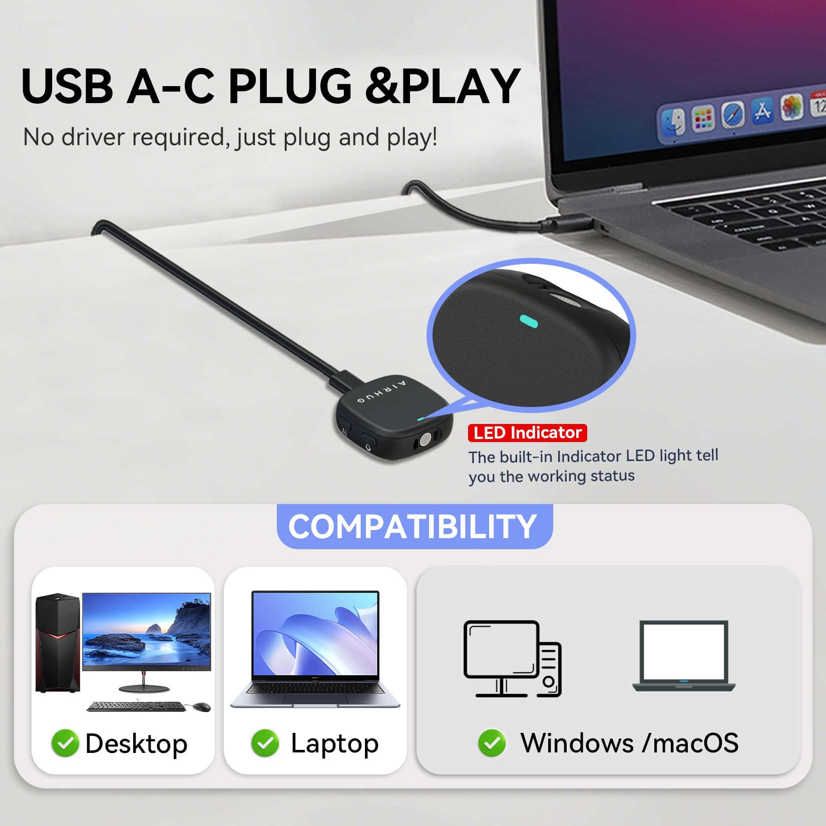 AIRHUG Microfono USB da conferenza, Plug & Play, per videoconferenze, giochi, lezioni online, compatibile con Windows e MacOS