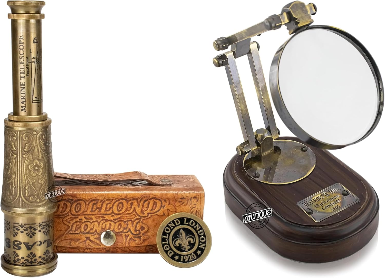 Brass Telescope in Leather Case Box X Brass Magnifying Glass on Wood Stand Magnifier, Desk Home Décor Gifts
