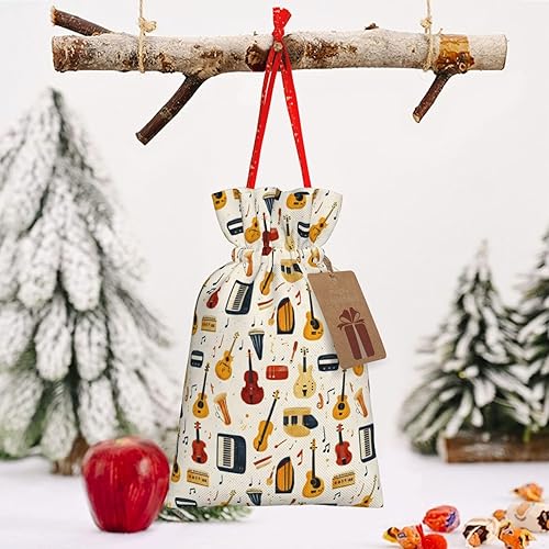 Miniatura 6 de Bolsas de regalo con estampado de instrumentos musicales retro, bolsas de regalo de Navidad reutilizables con cordón y etiqueta de regalo para