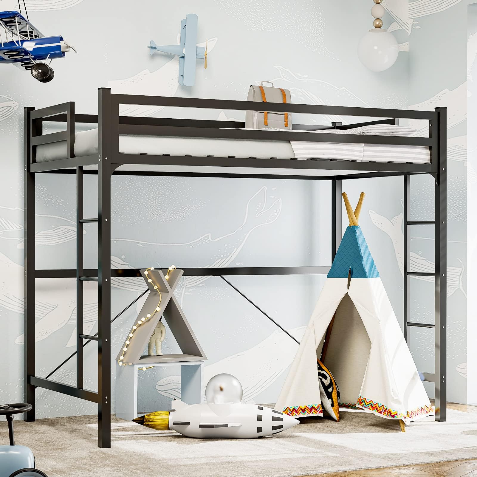 IKIFLY Metal Loft Bed Twin Size, Heavy Duty Junior Loft Bed Frame with 2 Ladders & Safety Guard Rail, Noise Free, Space-Saving, No Box Spring Needed - Black