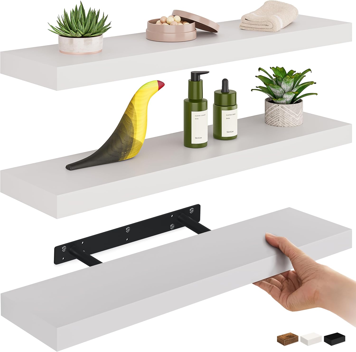 Ballucci Floating Shelves for Wall, 24" Wood Wall Shelf Set of 3, Invisible Brackets Floating Shelf for Wall Decor Living Room, Bathroom, Bedroom, Kitchen, 6" Depth, White