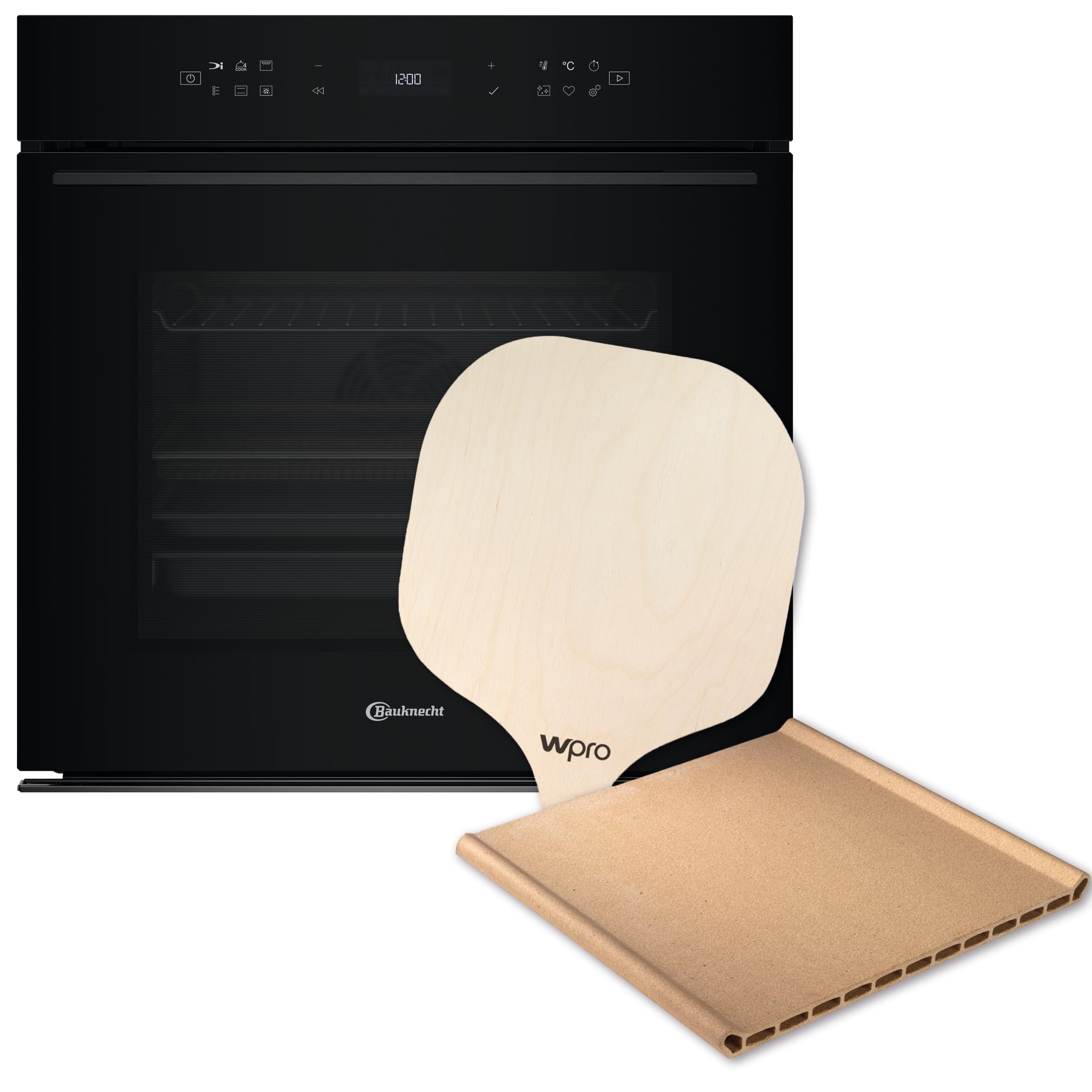 Bauknecht BBI7 310C PIZZA Einbau-Backofen, 60 cm, 73 l, inkl. Pizzastein & Holzschieber, 310°C Pizzafunktion, 56 Funktionen, AirFry, Multi-Level-Kochen, Pyrolyse & Hydrolyse, SoftClose, Schwarz