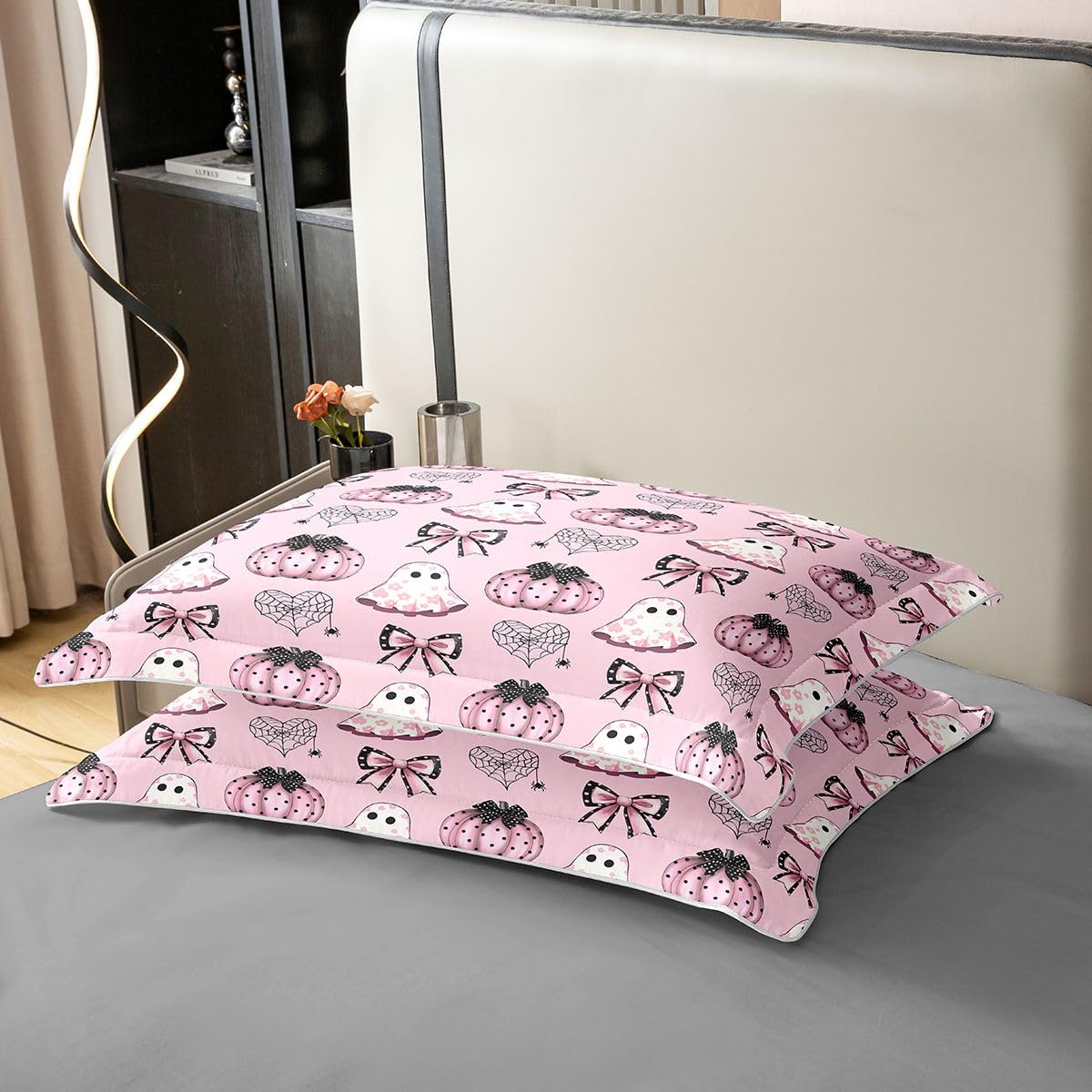 Loussiesd Happy Halloween Copripiumino 100% Cotone Letto King per Bambini | Set di biancheria da letto floreale rosa a pois con fiocco fantasma zucca cuore ragnatela floreale 2 pezzi decorazione