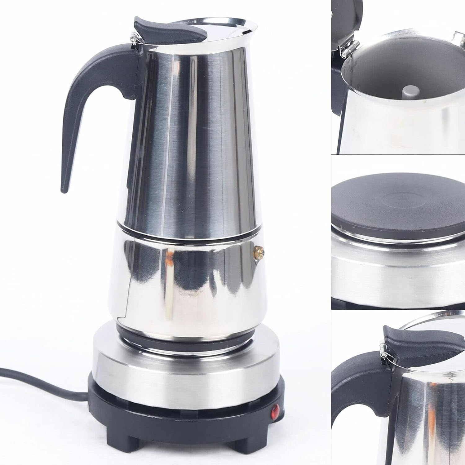 450ml Mocha Coffee Pot & Electric Stove Espresso Maker, Stainless Steel Moka Pot for 4/6/9 Cups, Perfect for Home & Office Brewing, Silver & Black Design