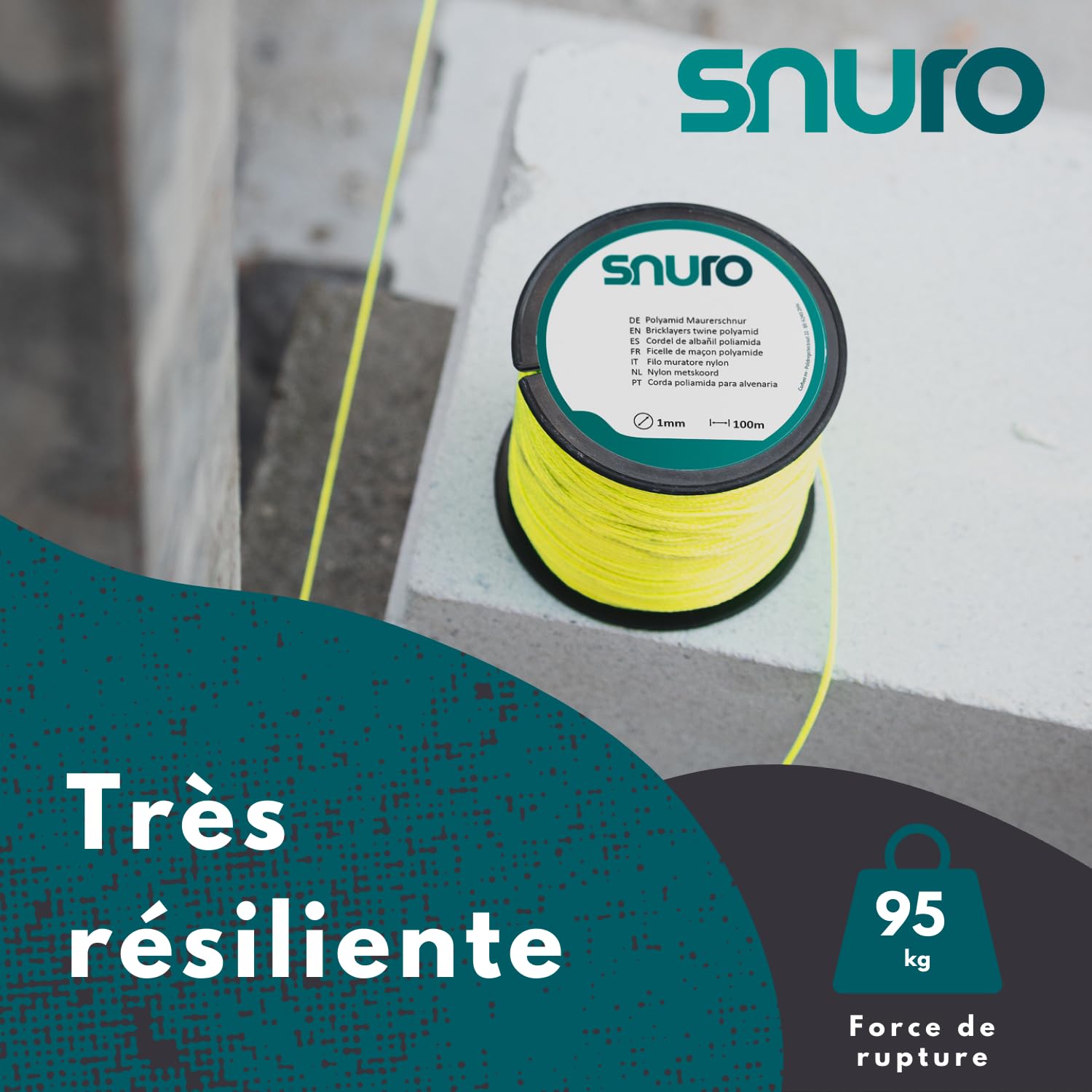 SNURO Corde Nylon (2mm, 100M, jaune fluo) - Corde Fluorescente en Polyamide Tressée Robuste pour N'importe quelle Utilisation - Résistante aux Intempéries - Cordeau de Maçon