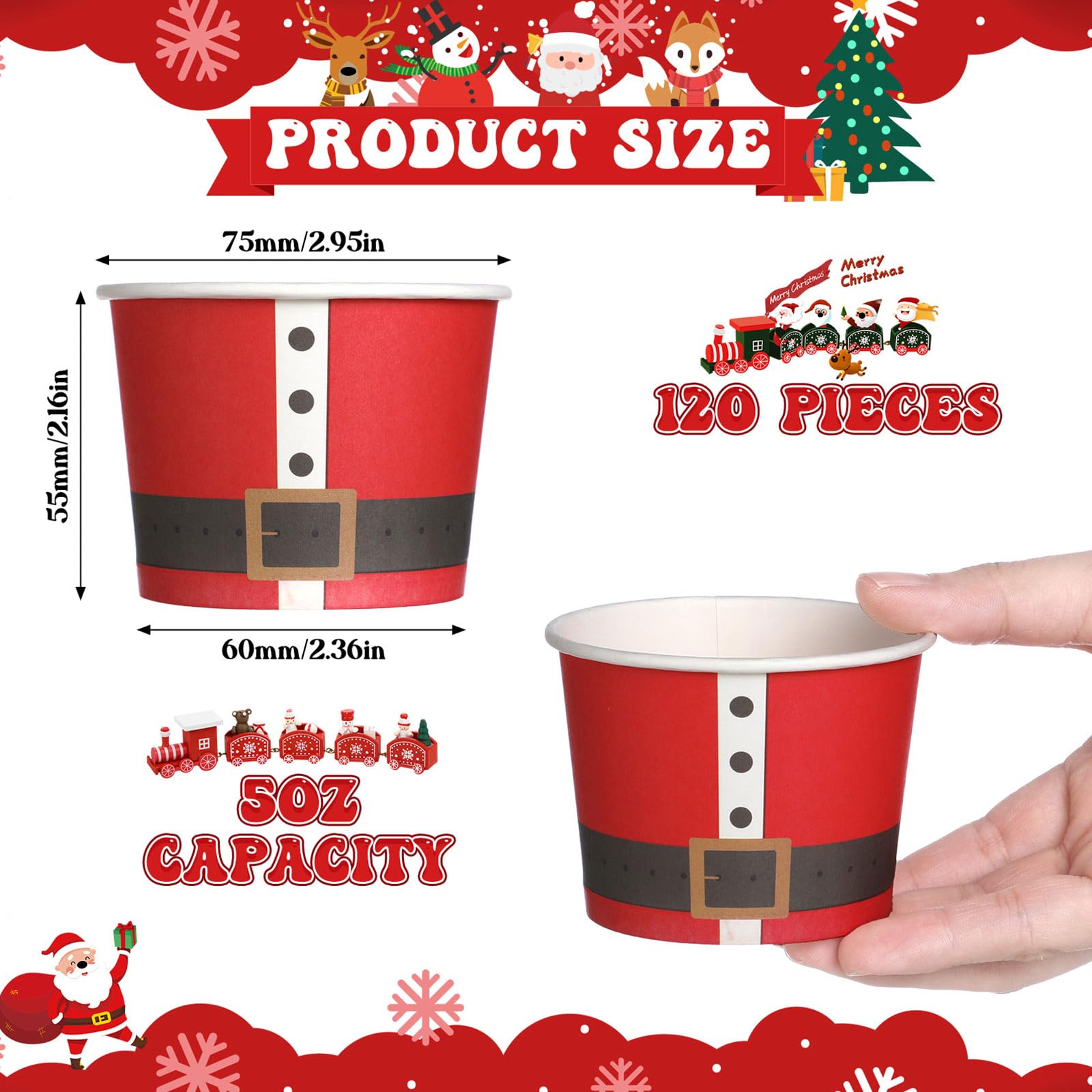 Nuenen 120 tazas de helado de Navidad de 5 onzas sin tapas, cuencos desechables de postre, cuencos de fiesta de helado, tazas de postre de yogur para Navidad, suministros de bar, helado, fiesta,