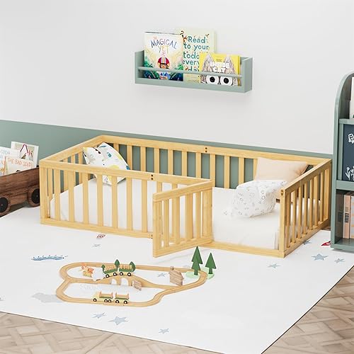 i-POOK Cama de suelo de tamaño individual para niños, marco de cama Montessori de madera resistente con valla y puerta, cama Montessori para niñas y