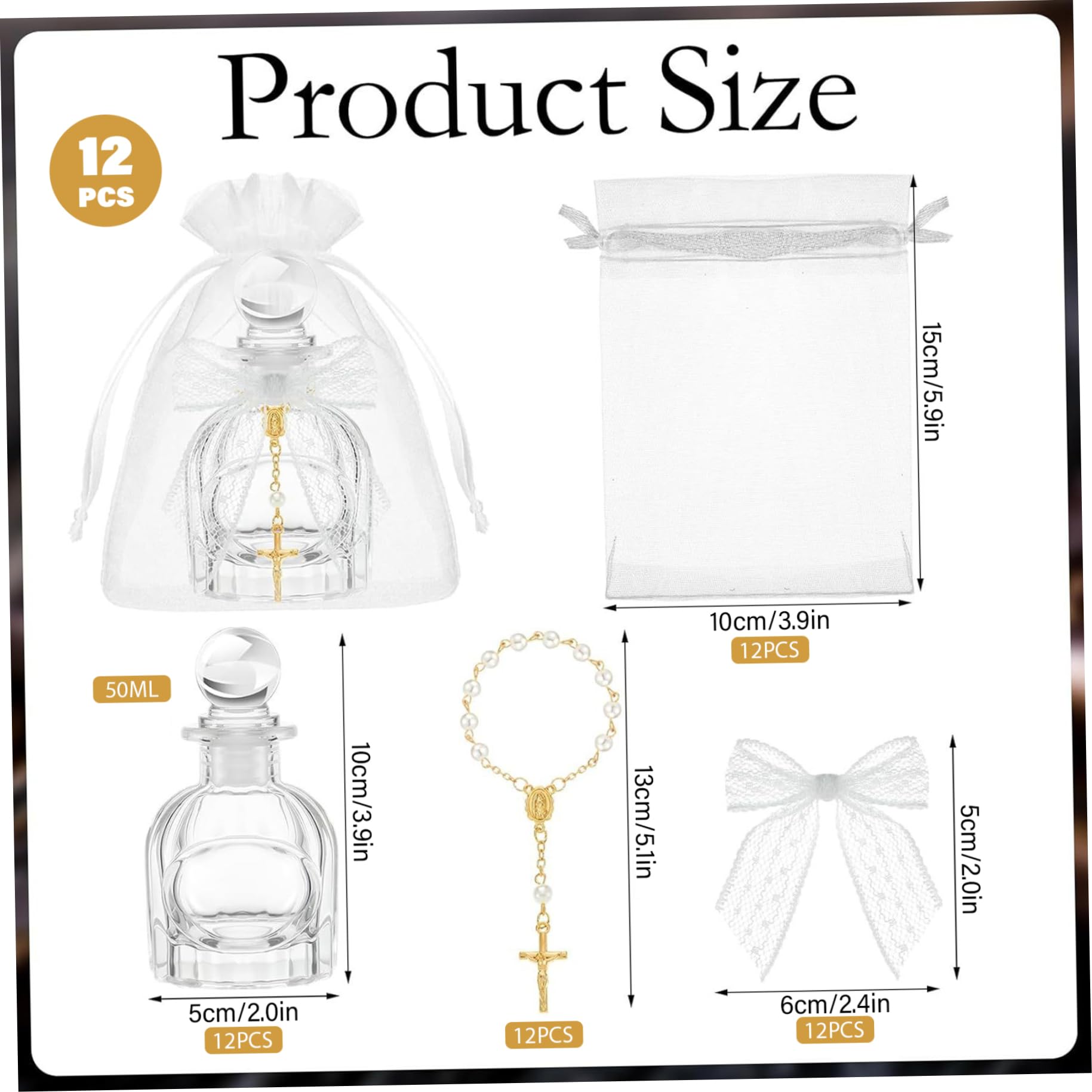 Weihwasserflaschen-Set mit 12 Stück – elegante Glasflaschen mit Kreuzarmband und Spitzenschleife für Taufgeschenke, Kommunion, kirchliche Hochzeit