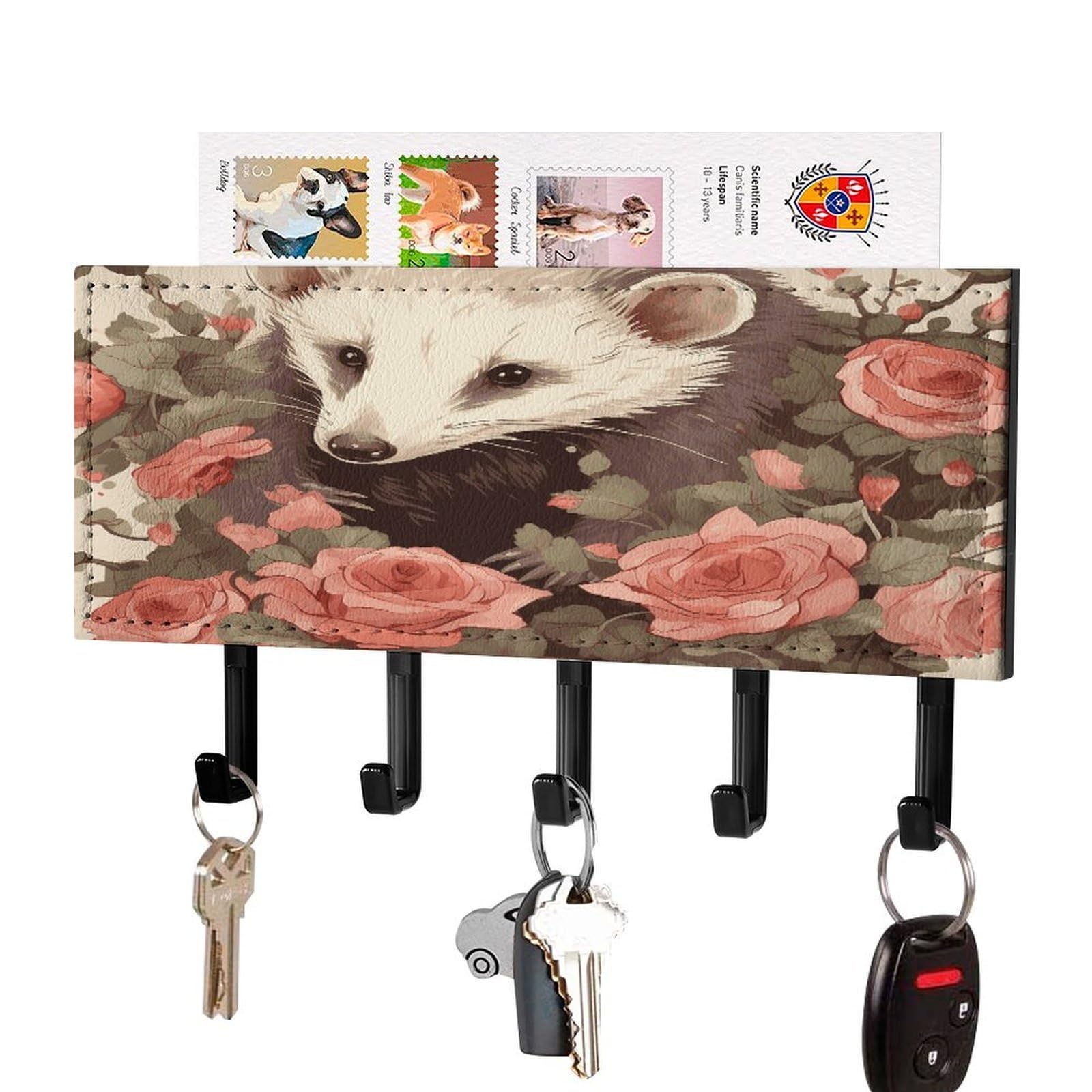 FekiLoot Opossum and Roses Key Holder for Wall Decorative Mail Organizer with 5 Key Hook Self Adhesive Key Rack with Tray Coat Rack Wall Mount Key Hanger Decor for Entryway Door