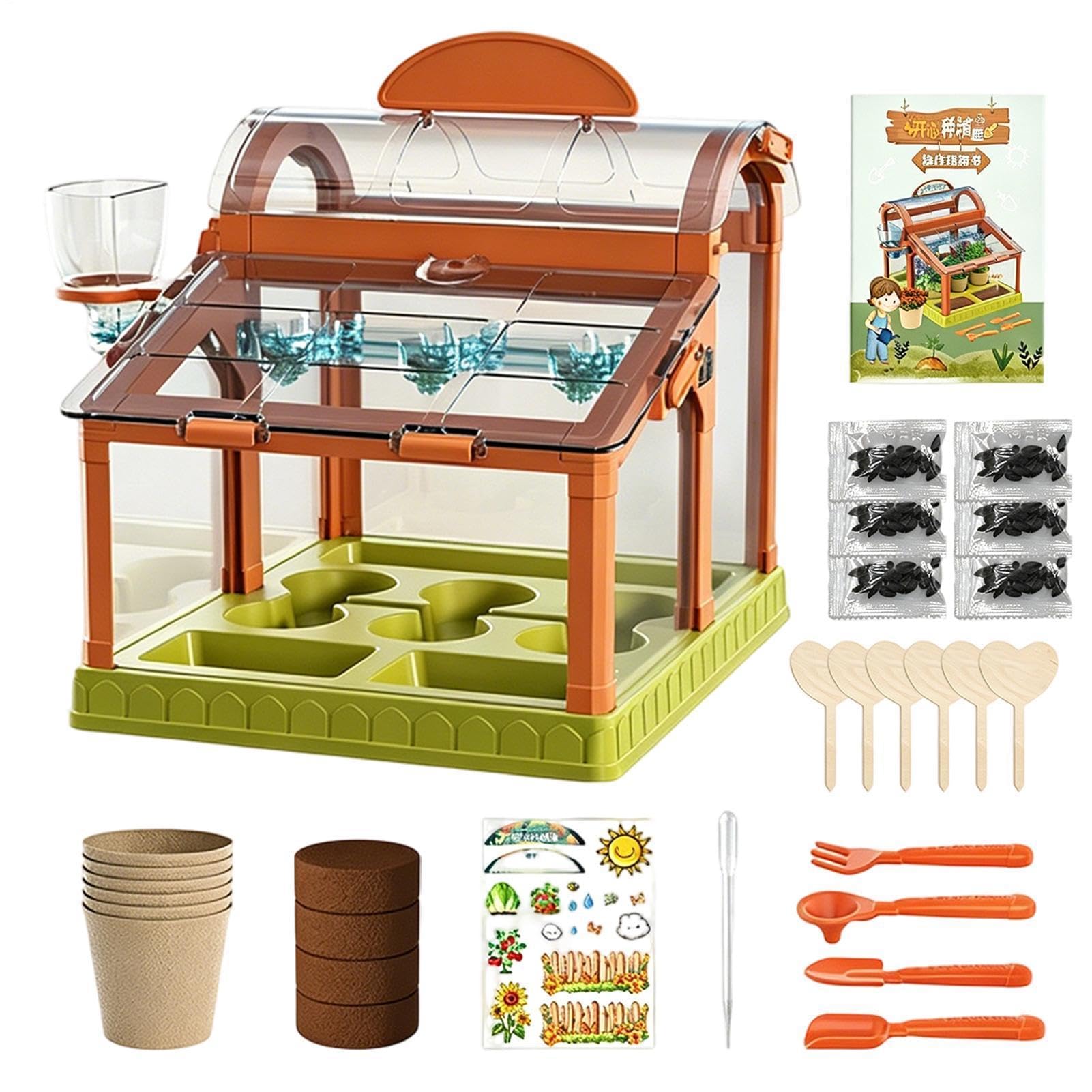 Kids Plant Growing Kit, Kids Greenhouse & Flower Growing Kit With Upgraded Irrigation & Grow Light, Kid Mini Greenhouse Educational Gardening Toy, Perfect Gardening For Boys Girls 3 4 5 6 7 8 Year Old